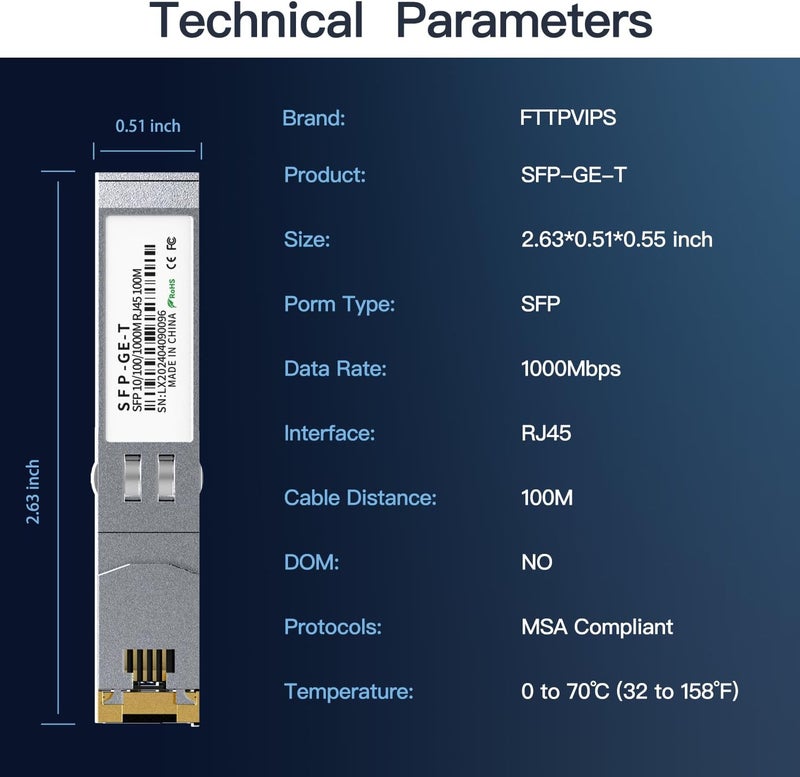 FTTPVIPS High-Performance 1000Base-T Gigabit SFP to RJ45 Copper Ethernet Transceiver - Compatible with Cisco, Meraki, Ubiquiti, D-Link, TP-Link, Supermicro, Netgear, MikroTik S-RJ01, 1.25G SFP-T, up to 100m - Image 2